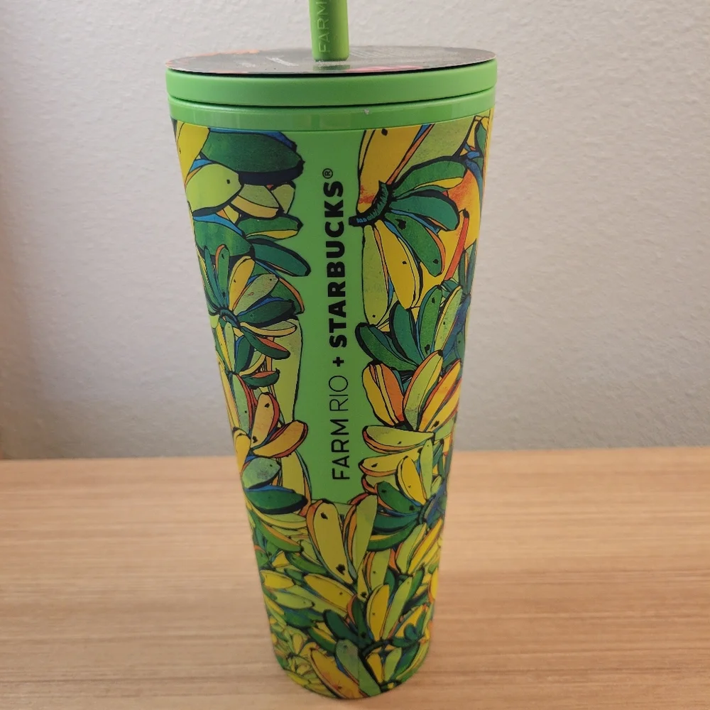 Starbucks Green and Yellow Banana Print Tumbler with Flower Straw